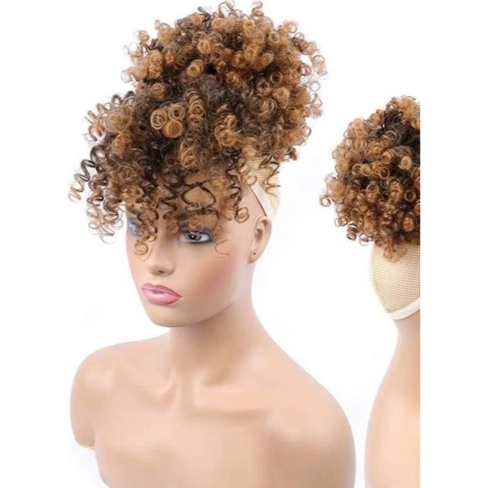 Afro Puff Ponytail W Bangs Wig Kinky Curly Hair Piece T30 Drawstring Black Women